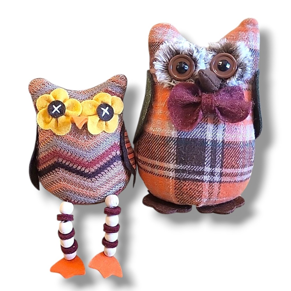 Fall Owl Shelf Sitters Set of 2 Plush Plaid Autumn Farmhouse Halloween Decor